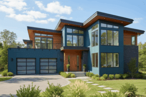 Contemporary-house-with-dark-blue-exterior-wood-accents-large-windows-and-two-garages-