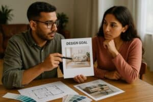 couple looking at each other an man pointing a paper design goal