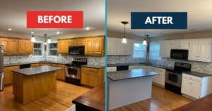 before and after cabinet painting project by unique painting
