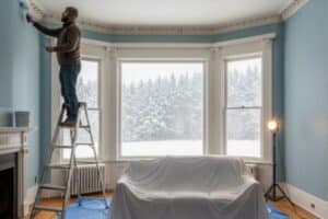 man painting an interior house during winter