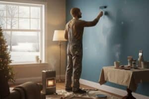man painting the interior walls in winter day