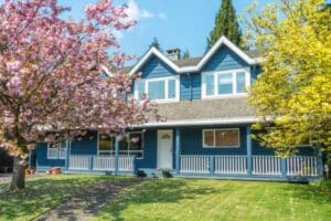 blue house in spring season