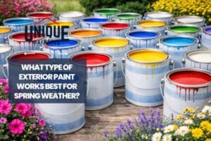 paint in can with flowers beside with a caption What Type of Exterior Paint Works Best for Spring Weather?