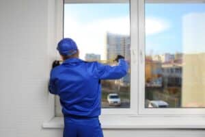 man wearing blue uniform working on window replacement