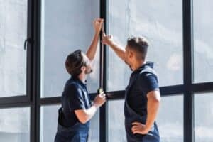 two men measuring the window