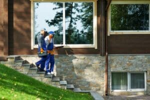 men working on home window renovation