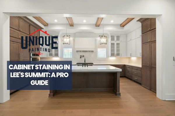 fully stained kitchen cabinet with a caption Cabinet Staining in Lee's Summit: A Pro Guide